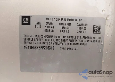 2015 Chevrolet Malibu 3Lt from USA, damaged, VIN 1G11E5SX3FF216310